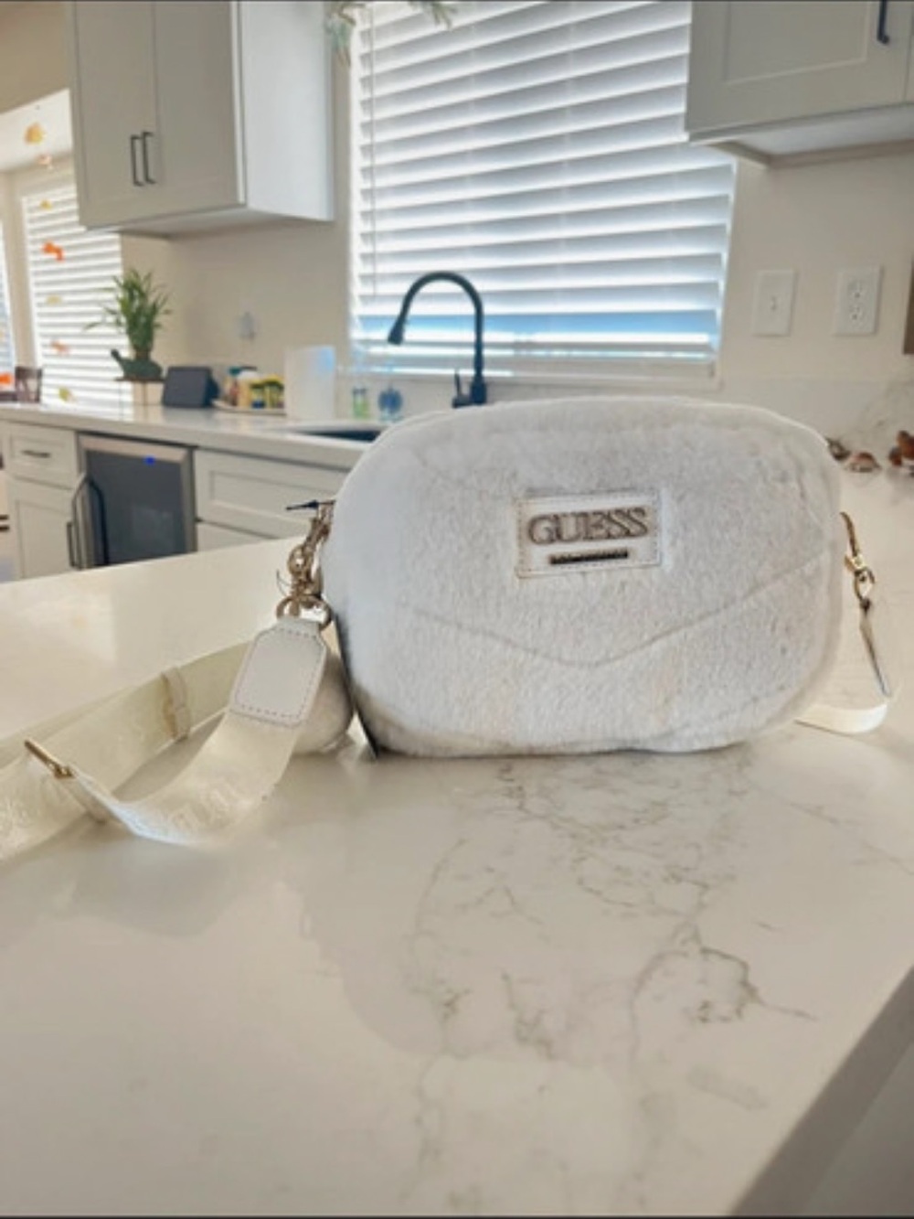 GUESS Cream White Faux Fur Crossbody Bag with Gold Hardware. Brand new with tag